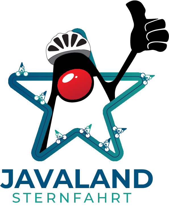 Sternfahrt Logo mit Stern und dem Java Duke Maskottchen mit Velohelm