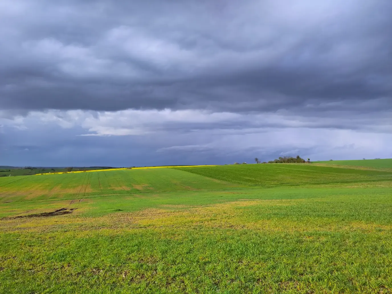 Dunkle Wolken und grüne Felder auf dem Rücken der Vogesen